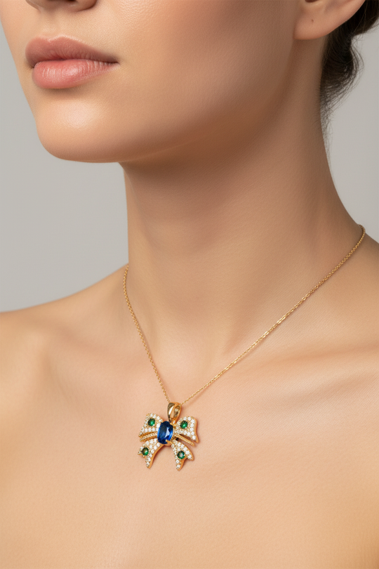 Bow Pendant 4 - Sapphire &amp; Emerald