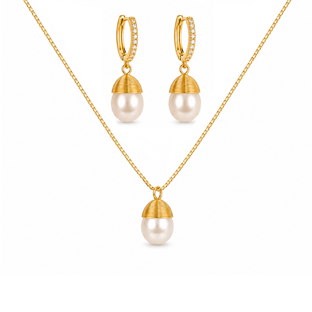 Maylohas Classic Pearl necklace and CZ huggie earrings jewelry set