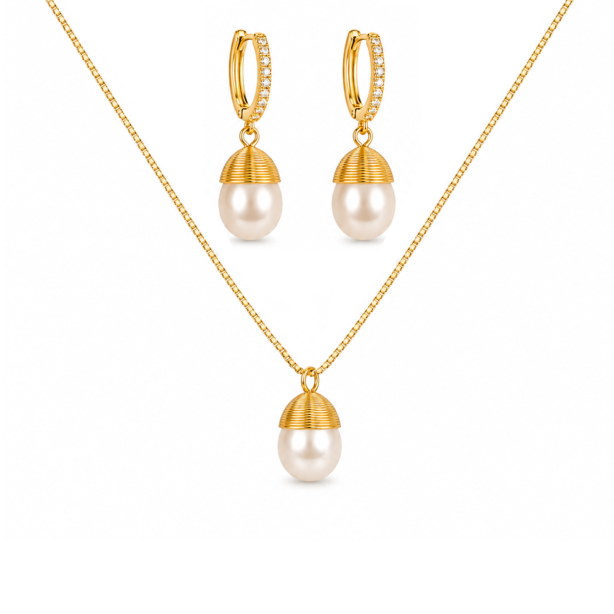 Maylohas Classic Pearl necklace and CZ huggie earrings jewelry set