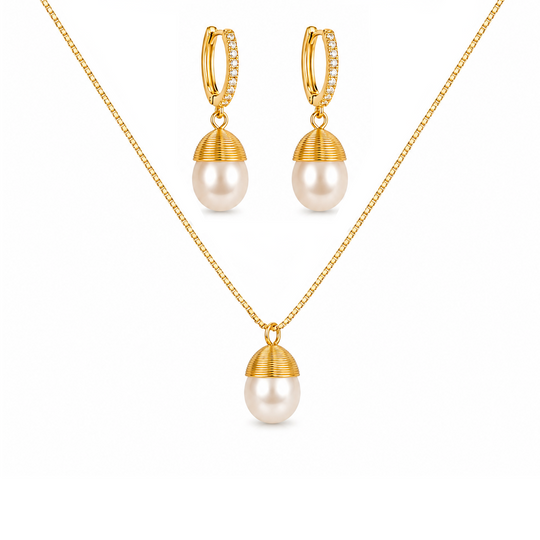 Maylohas Classic Pearl necklace and CZ huggie earrings jewelry set