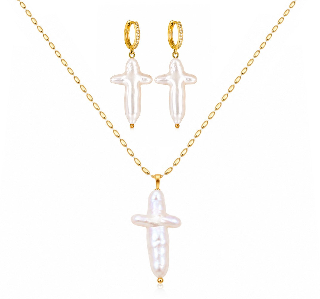 Maylohas Cross Pearl freshwater pearl necklace and CZ huggie earrings set