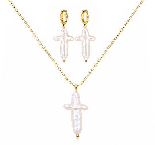 Maylohas Cross Pearl freshwater pearl necklace and CZ huggie earrings set