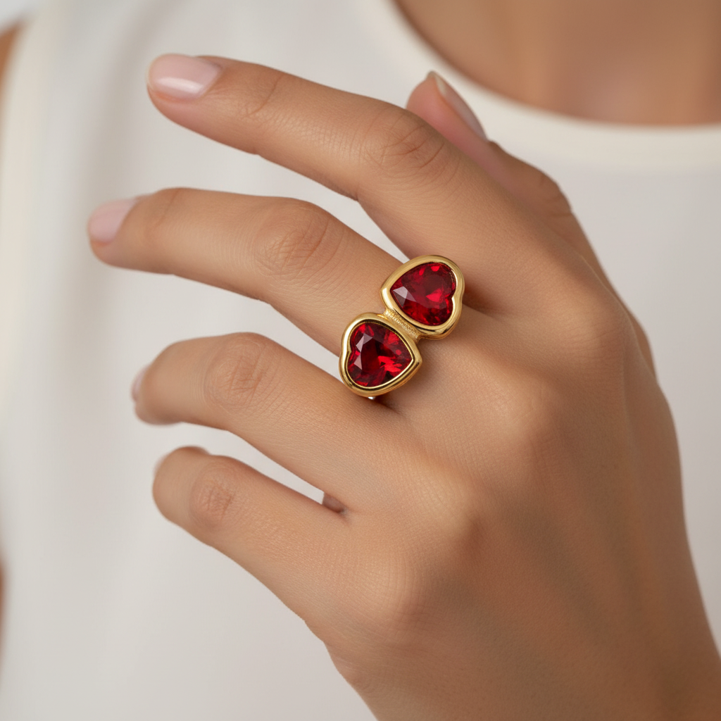 Double Ruby Heart Dome Ring