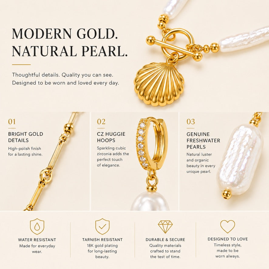 Maylohas Golden Shell gold details CZ huggie hoops and genuine freshwater pearls