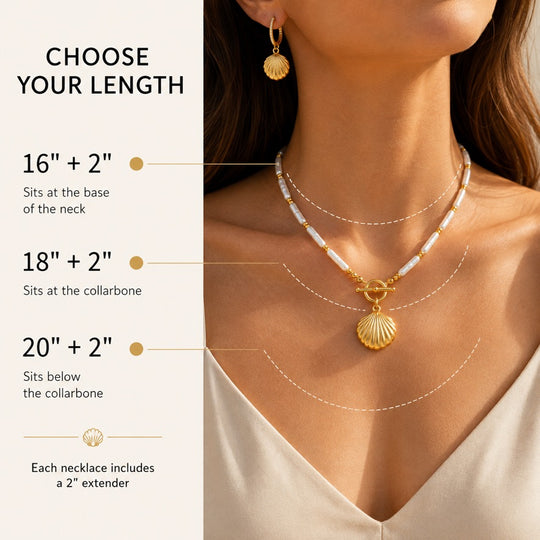 Golden Shell necklace length guide for 16 18 and 20 inch options with 2 inch extender