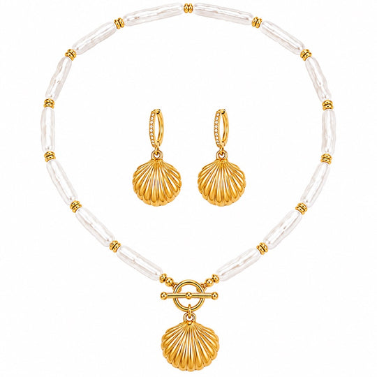 Maylohas Golden Shell freshwater pearl necklace and huggie earrings set