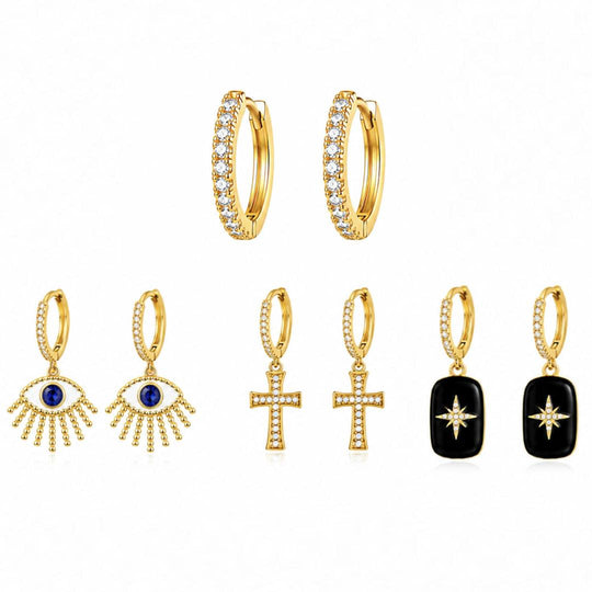 Maylohas Celestial 4-pair Huggie earring set with Pure CZ hoop Evil Eye Cross and Black Star charms