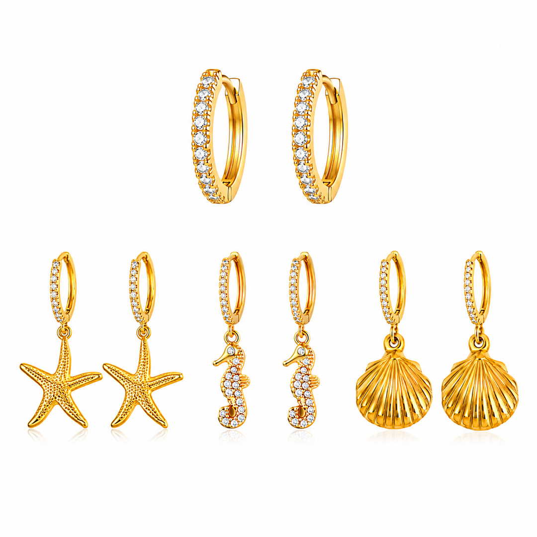 Maylohas Coastal 4-pair Huggie earring set with Pure CZ hoop starfish seahorse and shell charms