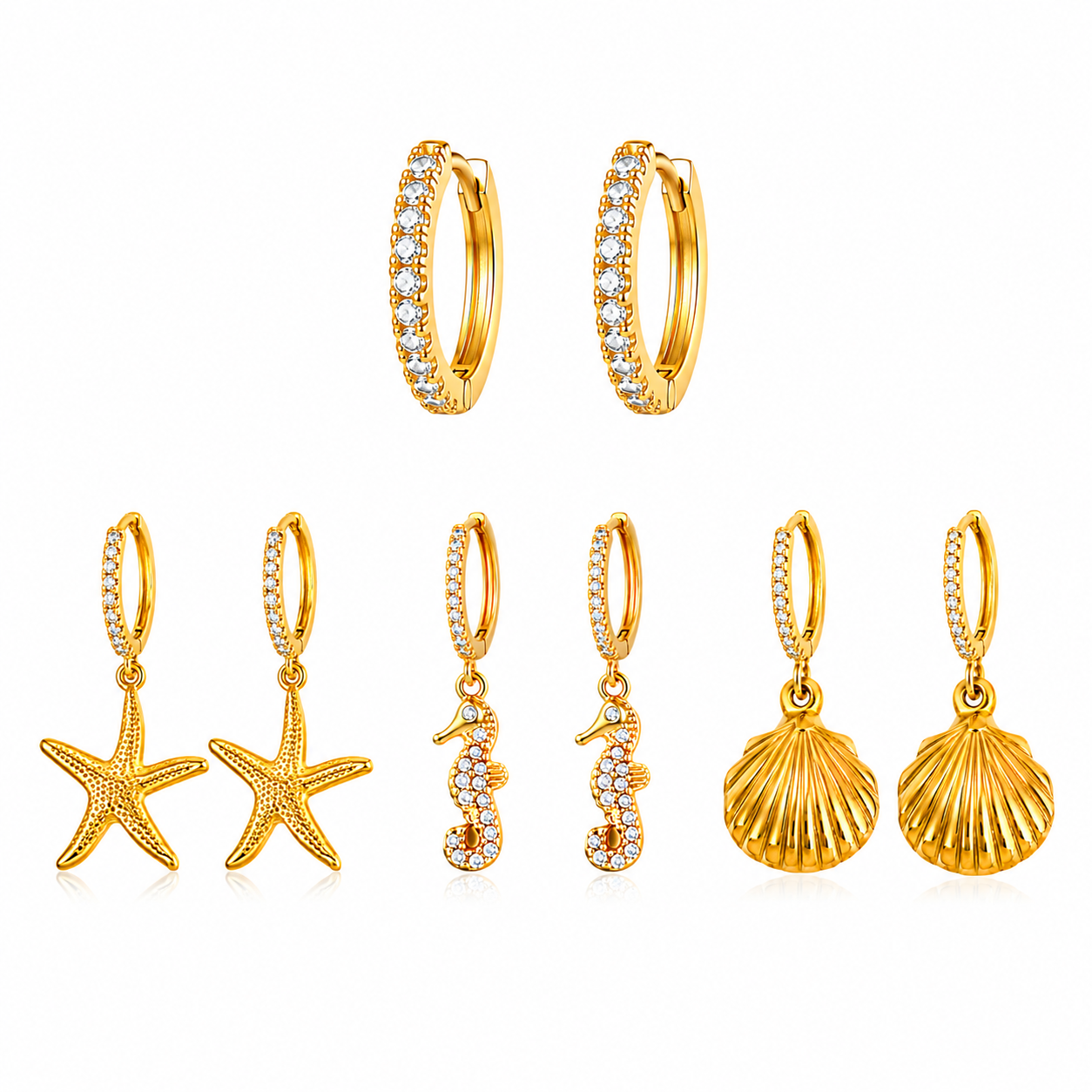 Maylohas Coastal 4-pair Huggie earring set with Pure CZ hoop starfish seahorse and shell charms