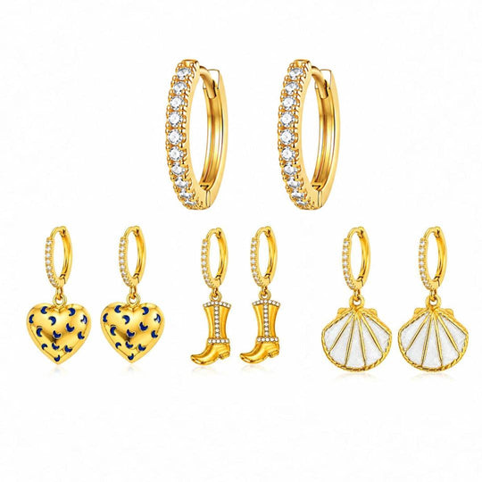 Maylohas Free Spirit 4-pair Huggie earring set with Pure CZ hoop heart western boot and shell charms