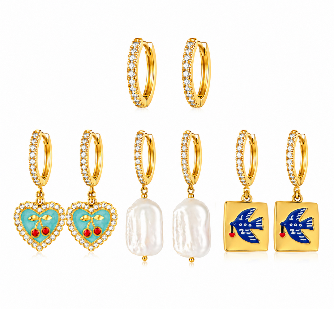 Maylohas Lucky 4-pair Huggie earring set with Pure CZ hoop heart baroque pearl and blue bird charms