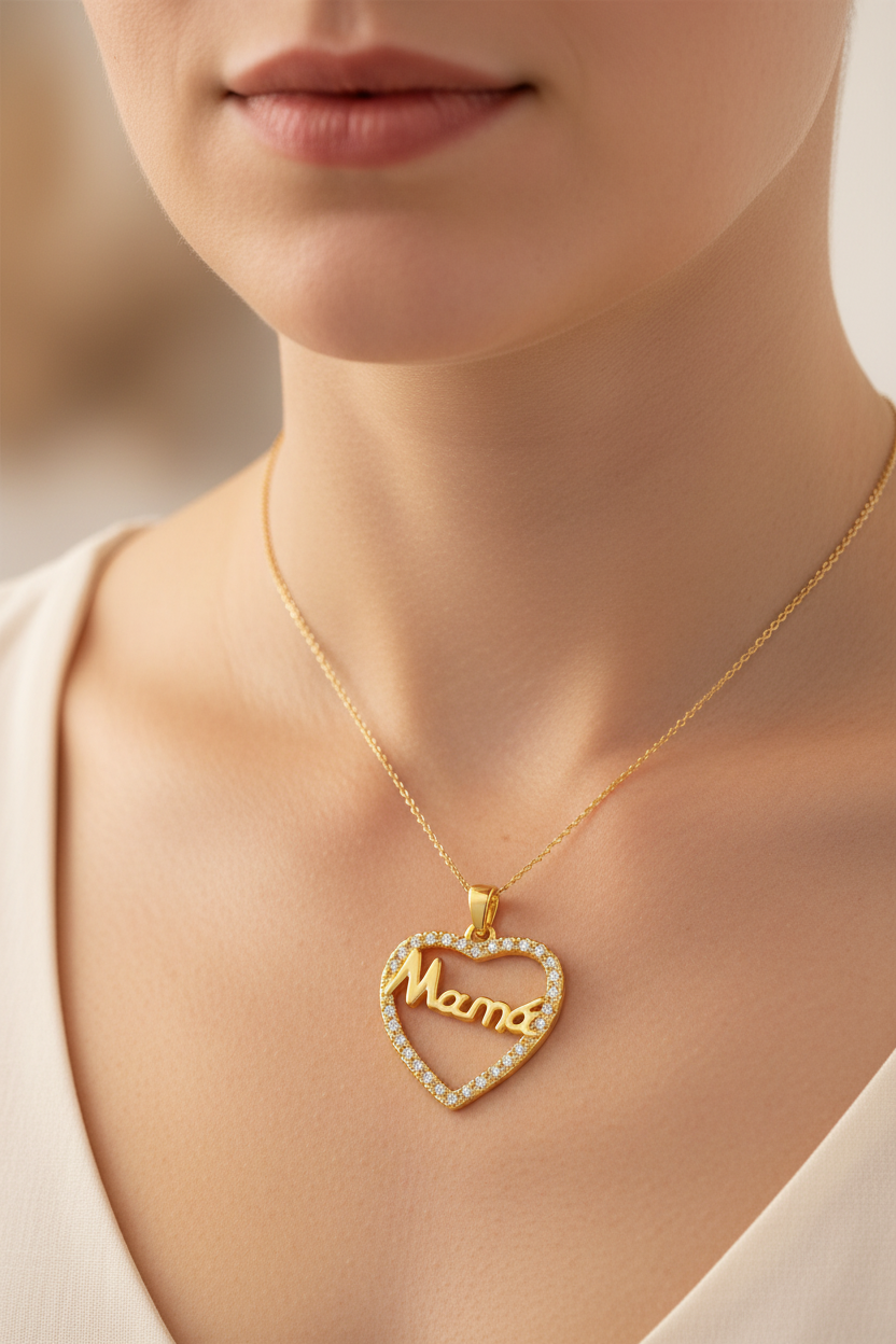 "Mama" 满钻心形吊坠 - 佩戴场景图
