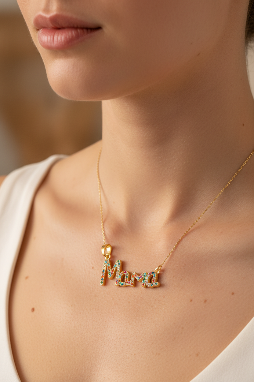 "Mama" 彩虹草书吊坠 - 佩戴场景图
