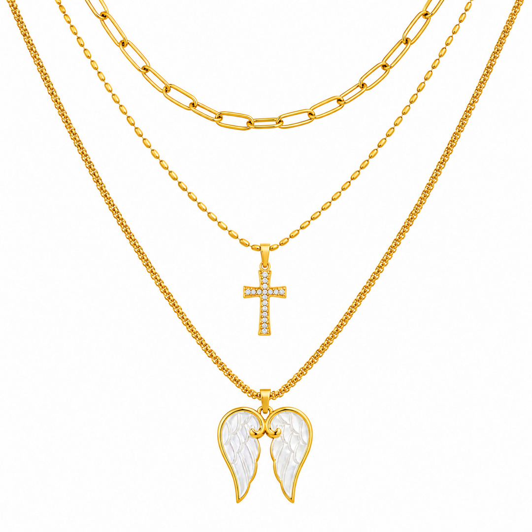 Maylohas gold three-layer necklace with CZ cross and pearl angel wings pendant