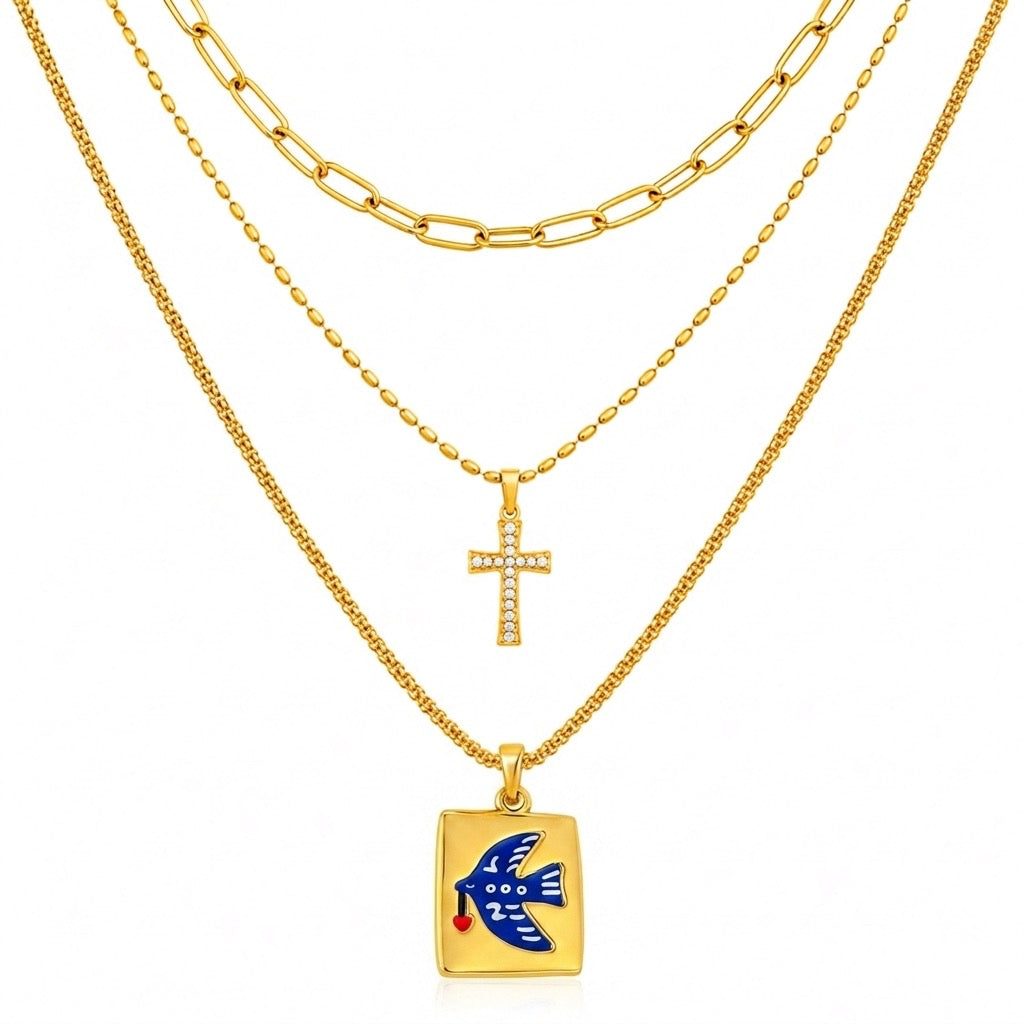 Maylohas gold three-layer necklace with CZ cross and blue bird pendant