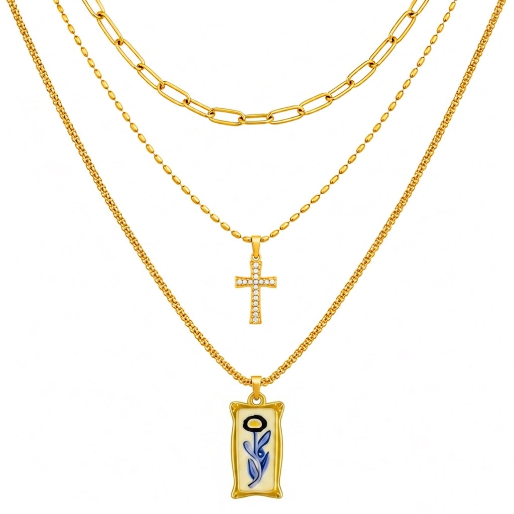 Maylohas gold three-layer necklace with CZ cross and blue floral tile pendant