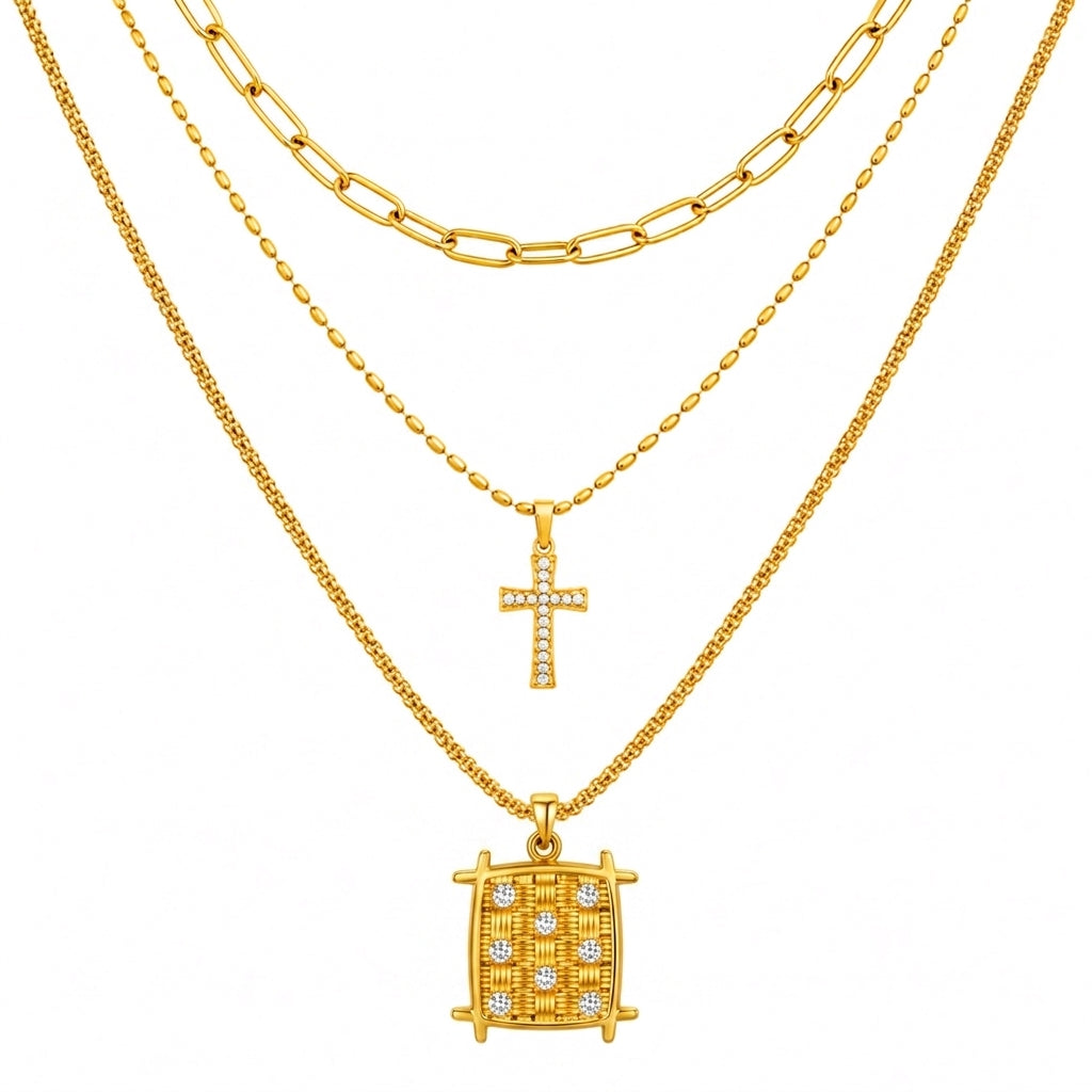 Maylohas gold three-layer necklace with CZ cross and woven square pendant
