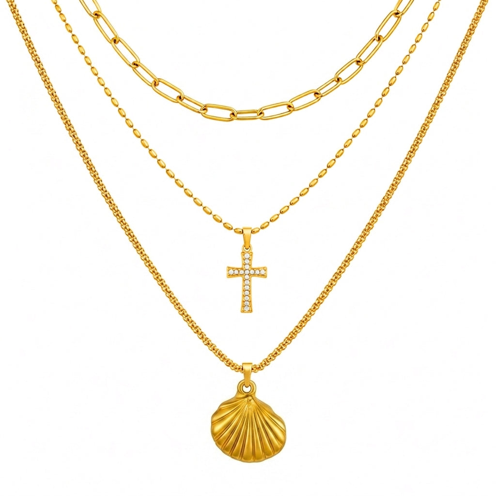 Maylohas gold three-layer necklace with CZ cross and golden shell pendant