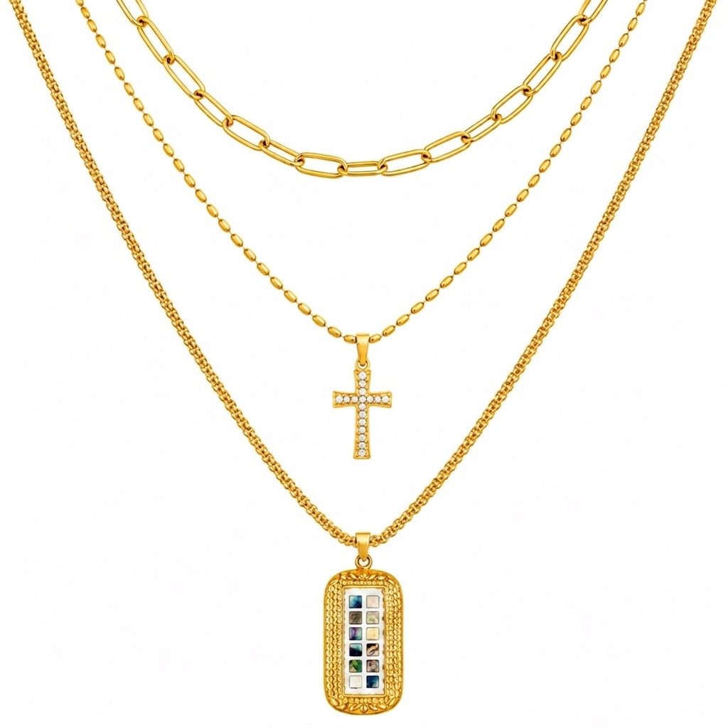 Maylohas gold three-layer necklace with CZ cross and mosaic tile pendant