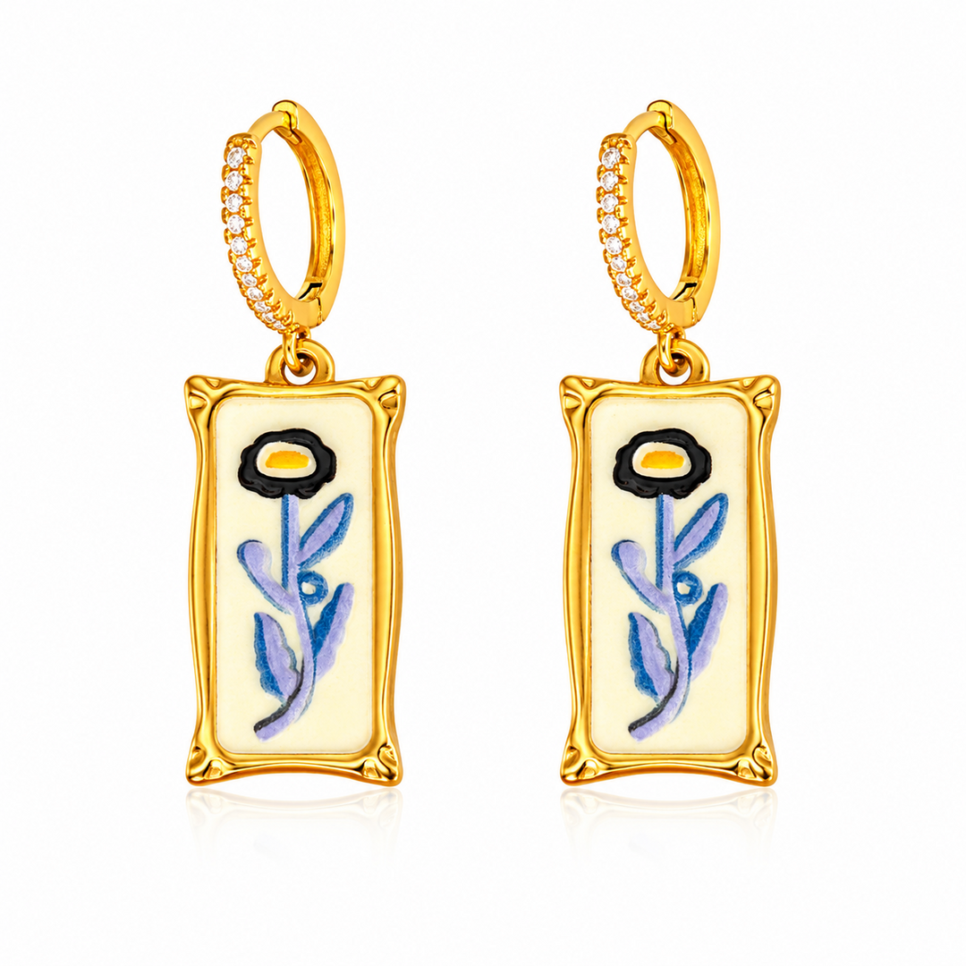 Maylohas gold CZ huggie earrings with blue floral tile charm