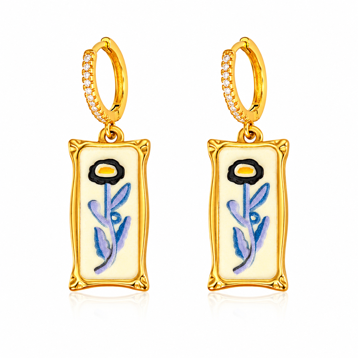 Maylohas gold CZ huggie earrings with blue floral tile charm