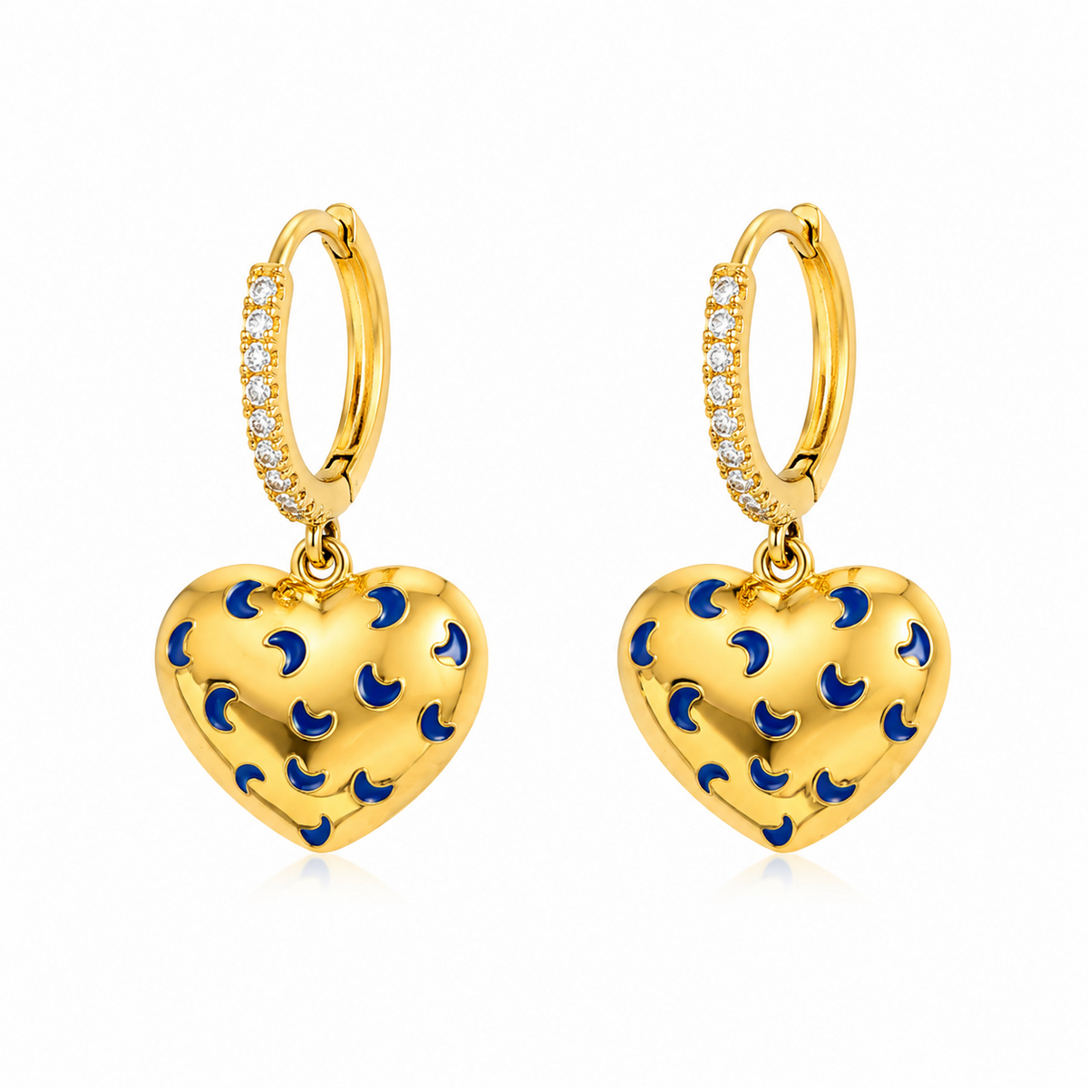 Maylohas gold CZ huggie earrings with blue crescent heart charm