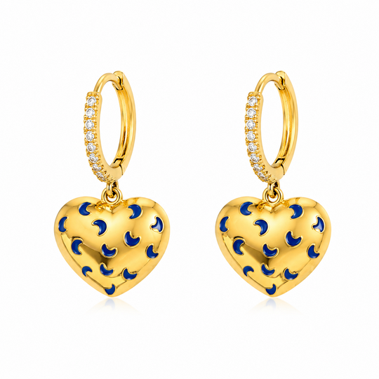 Maylohas gold CZ huggie earrings with blue crescent heart charm