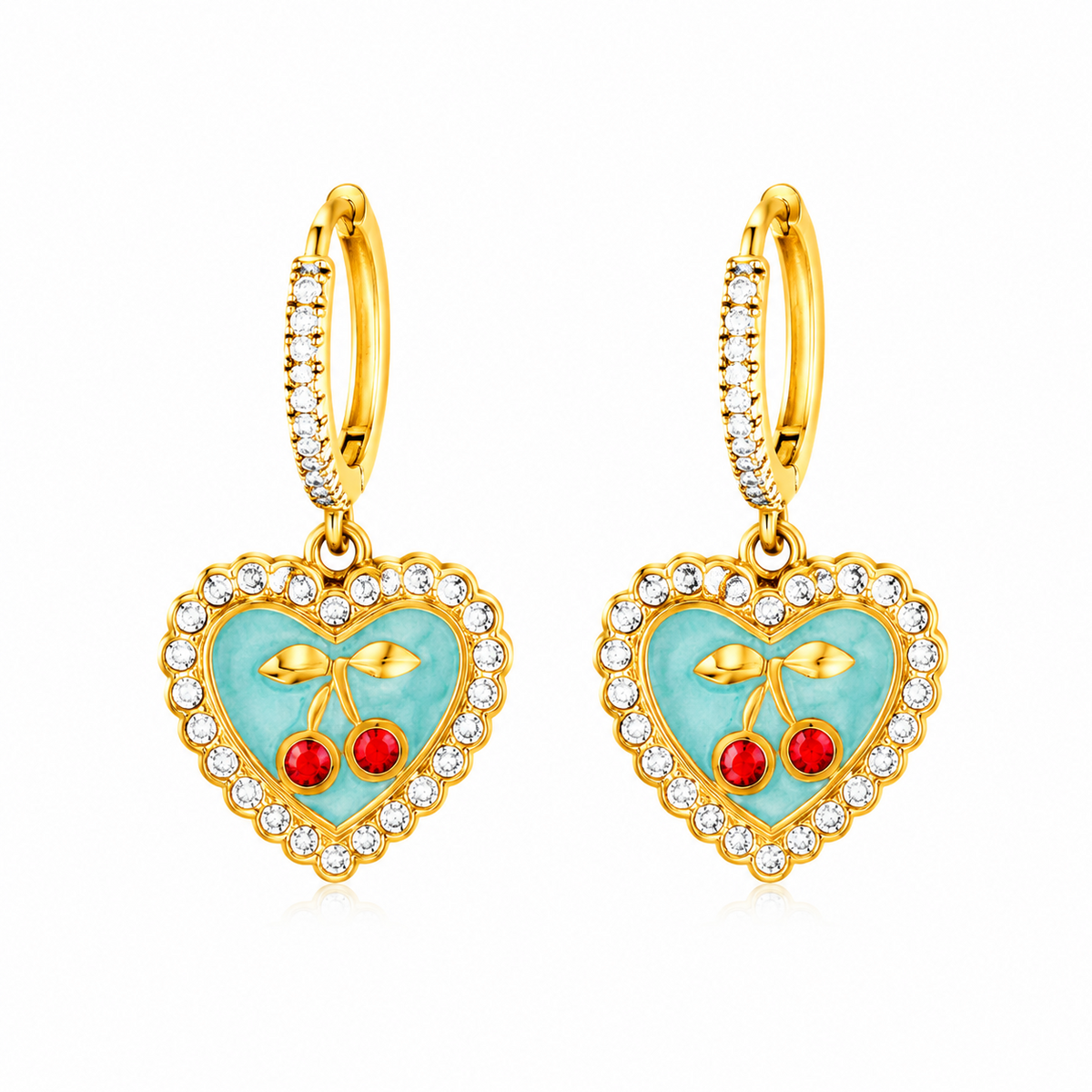 Maylohas gold CZ huggie earrings with turquoise cherry heart charm
