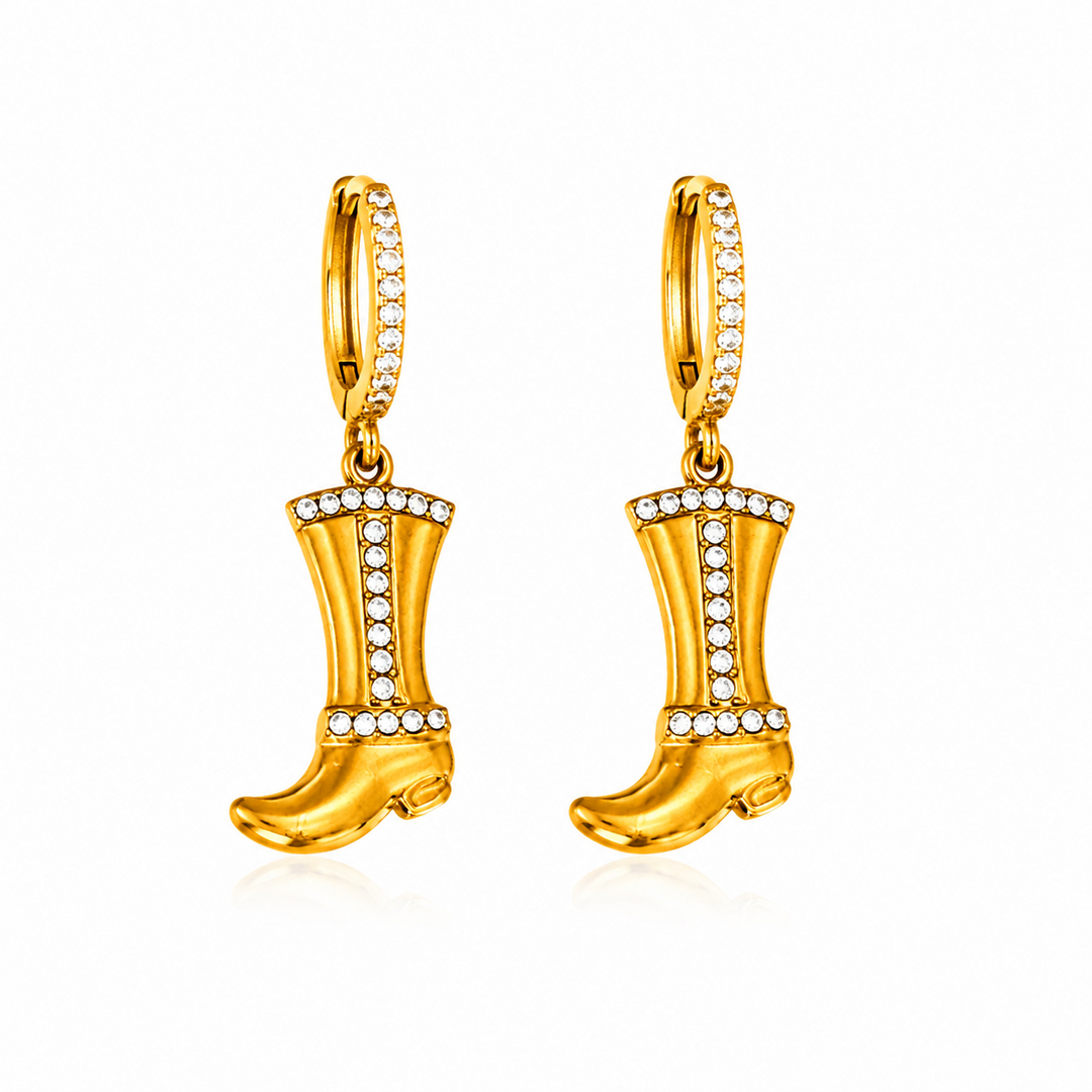 Maylohas gold CZ huggie earrings with cowboy boot charm