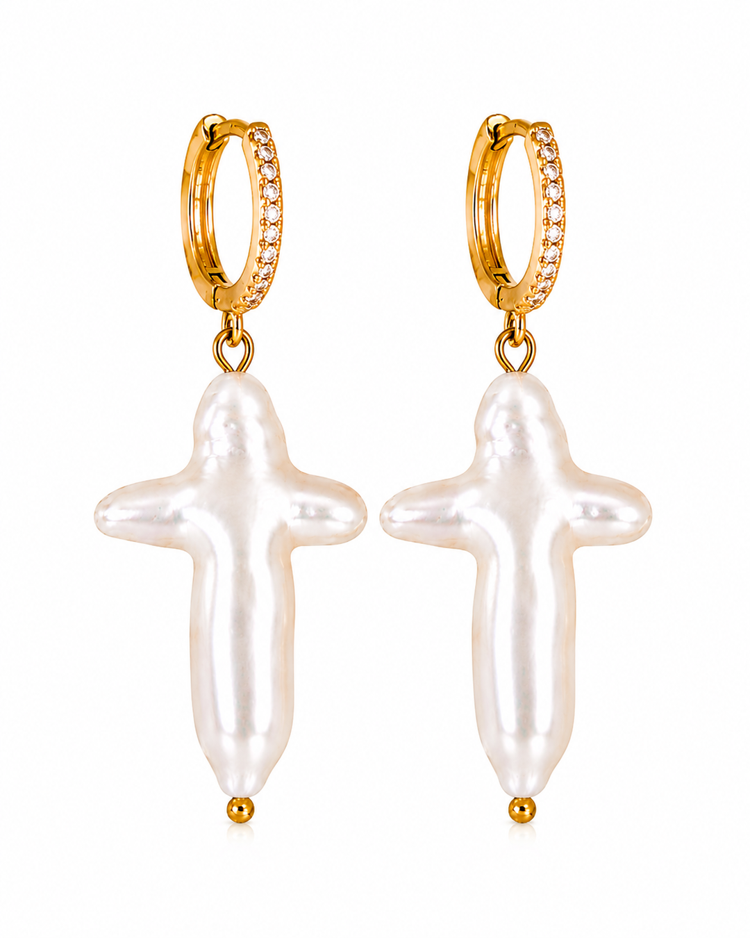 Maylohas cross-shaped pearl drop huggie earrings