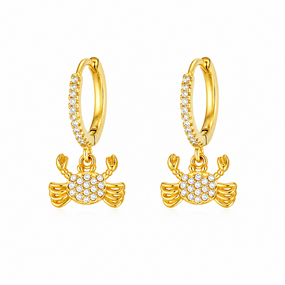 Maylohas gold CZ huggie earrings with crystal crab charm