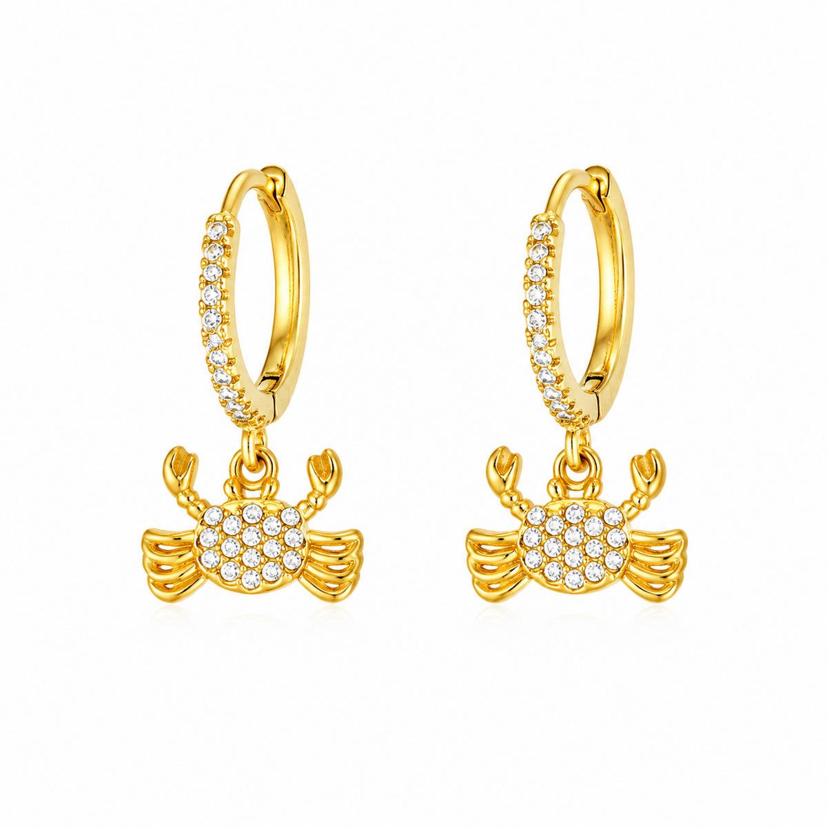 Maylohas gold CZ huggie earrings with crystal crab charm