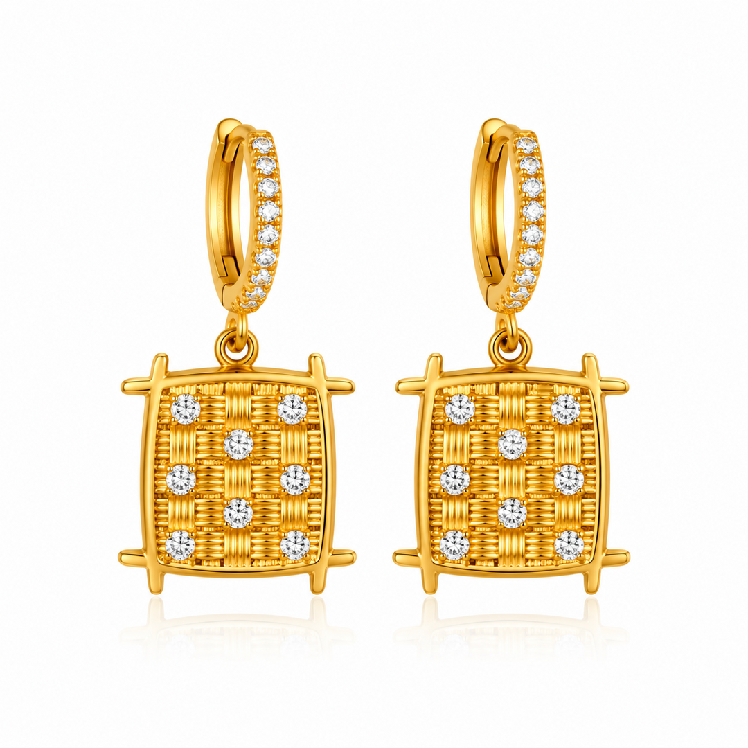 Maylohas gold CZ huggie earrings with crystal grid charm