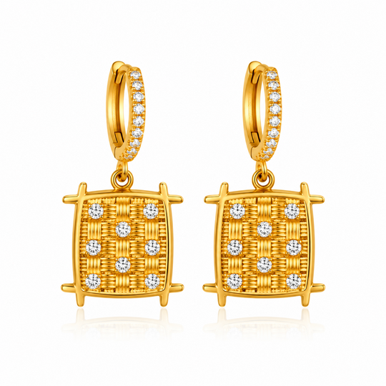 Maylohas gold CZ huggie earrings with crystal grid charm