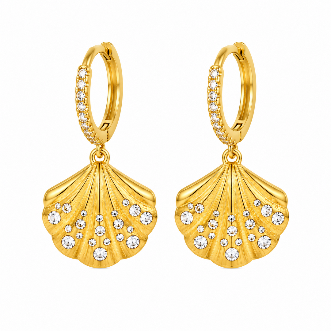 Maylohas gold CZ huggie earrings with crystal shell charm
