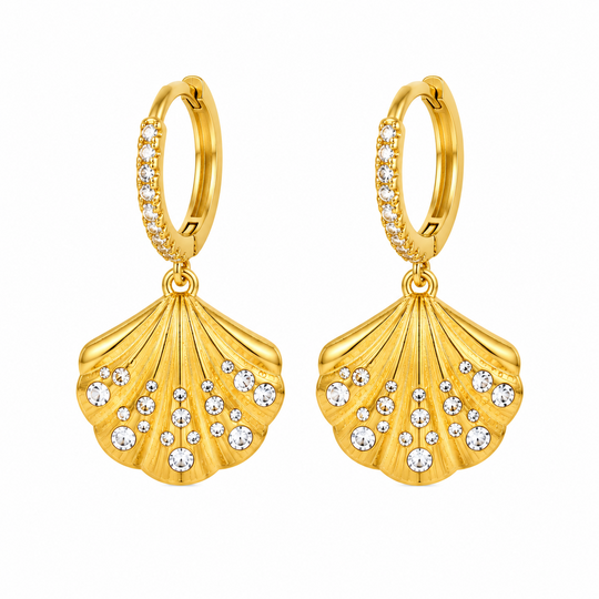 Maylohas gold CZ huggie earrings with crystal shell charm