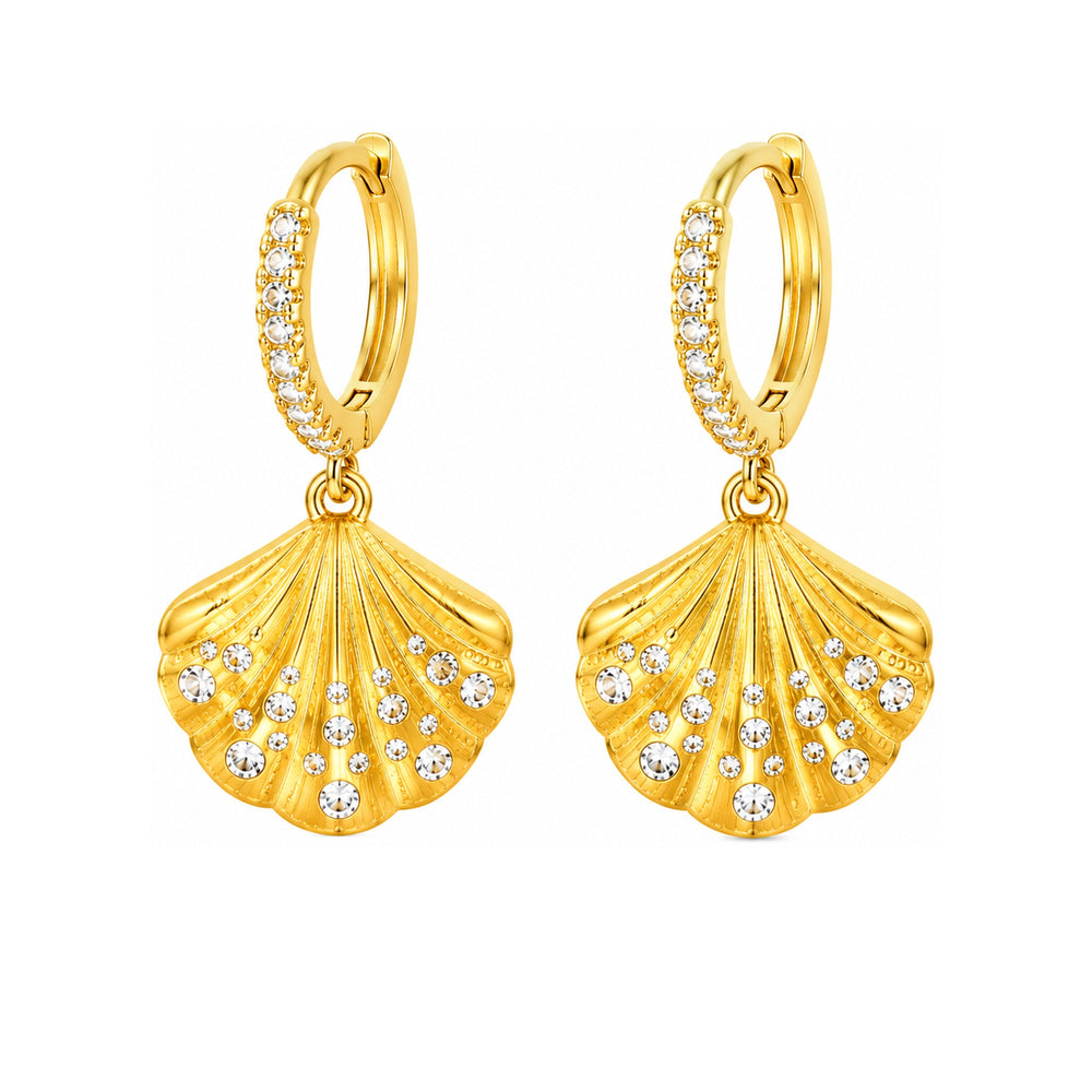 Maylohas Crystal Shell Huggie Earrings on white background