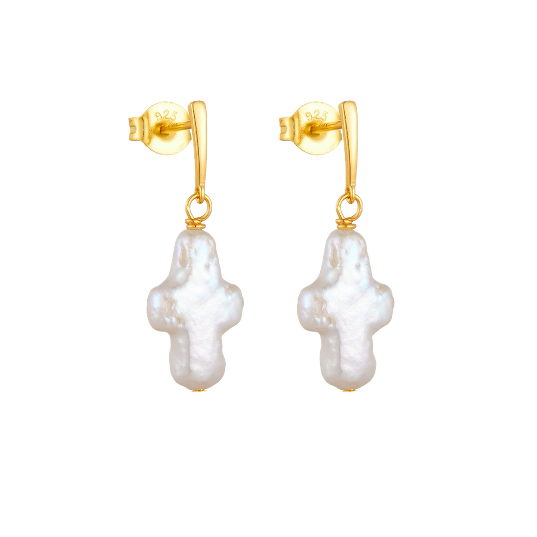 S925 silver baroque pearl earrings with cross design.