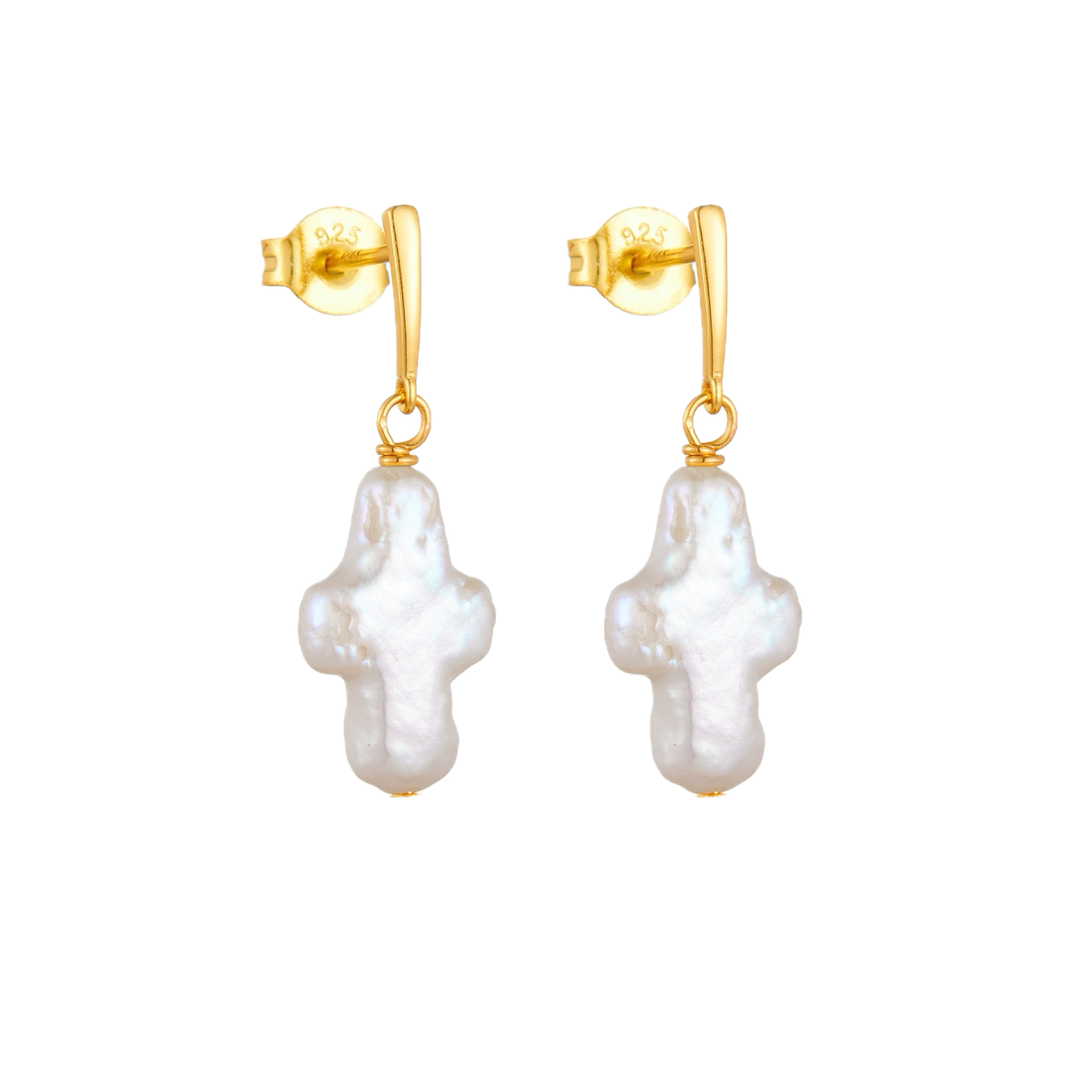 S925 silver baroque pearl earrings with cross design.