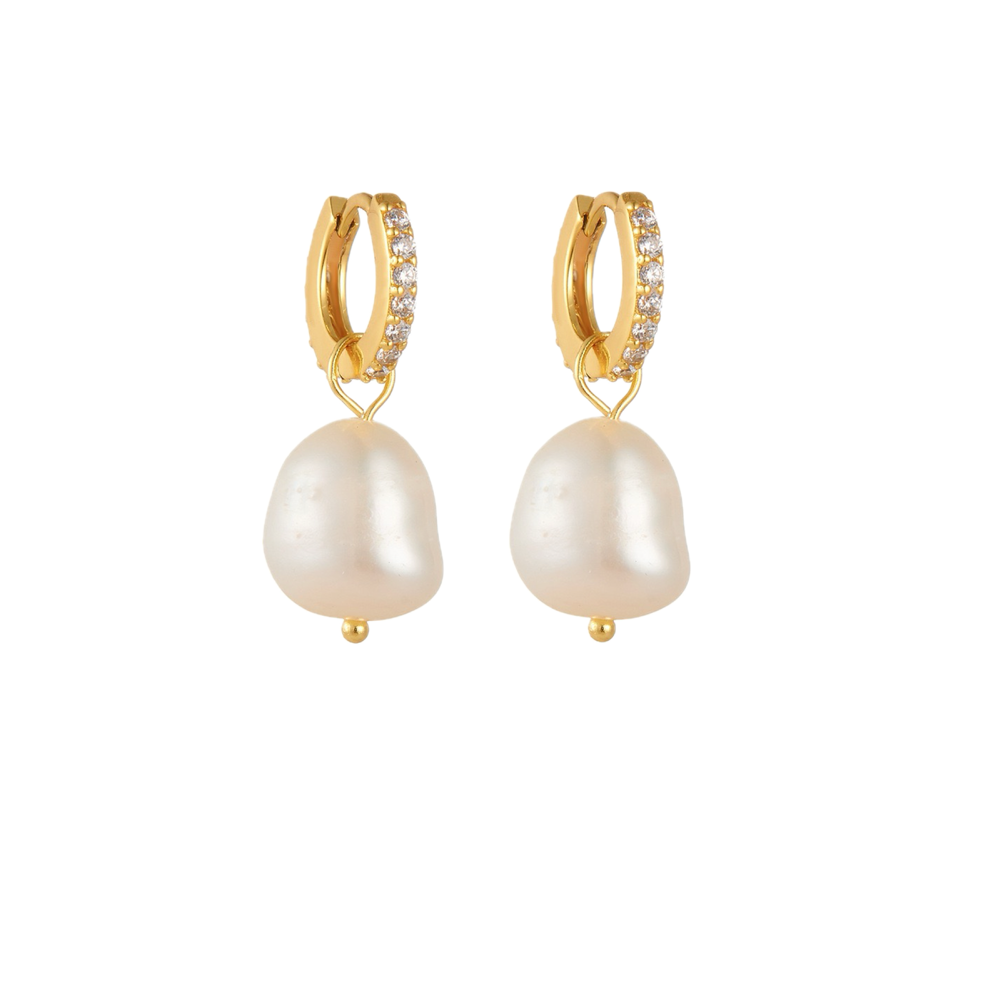 Gold hoop earrings with dangling freshwater pearl.