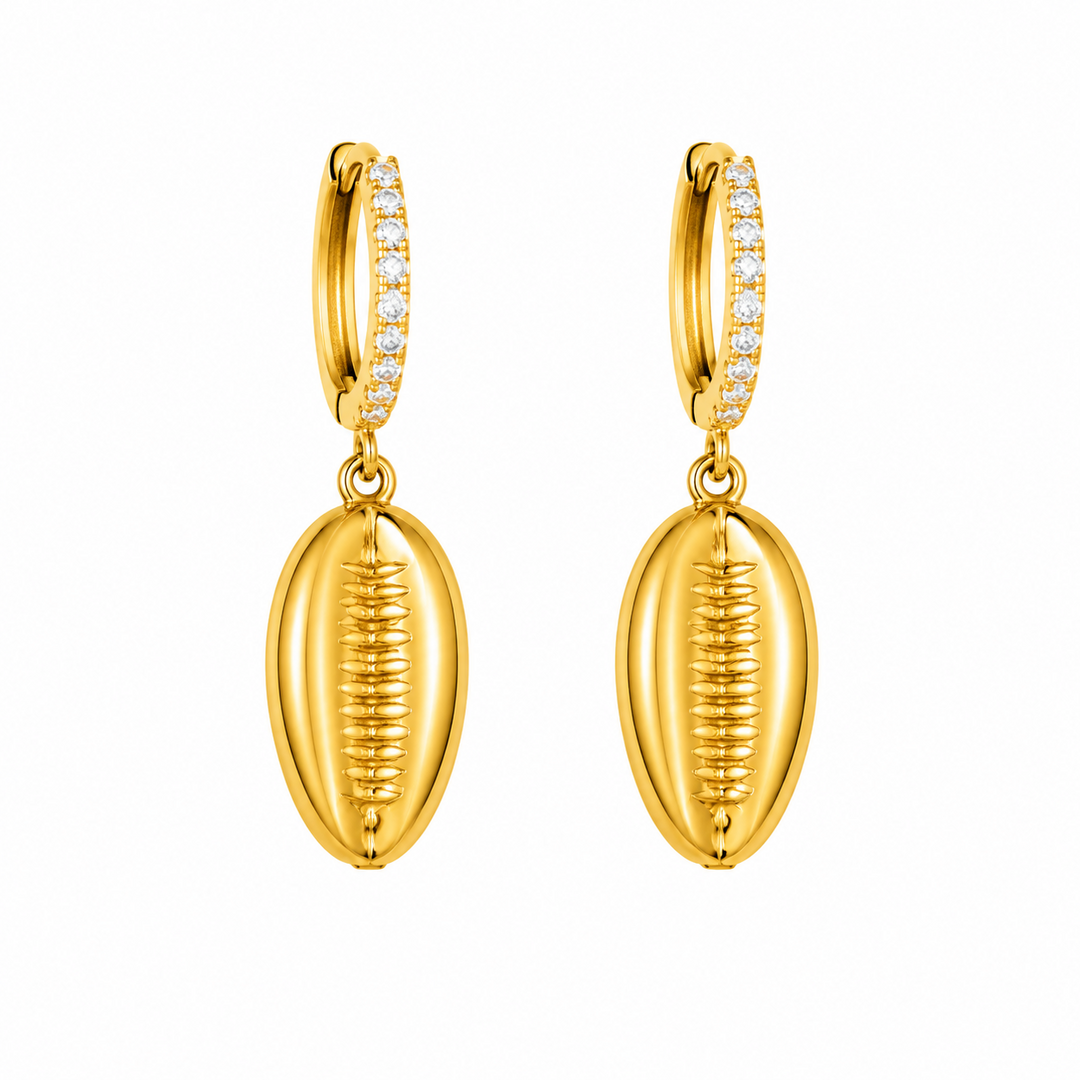 Maylohas gold CZ huggie earrings with polished cowrie shell charm