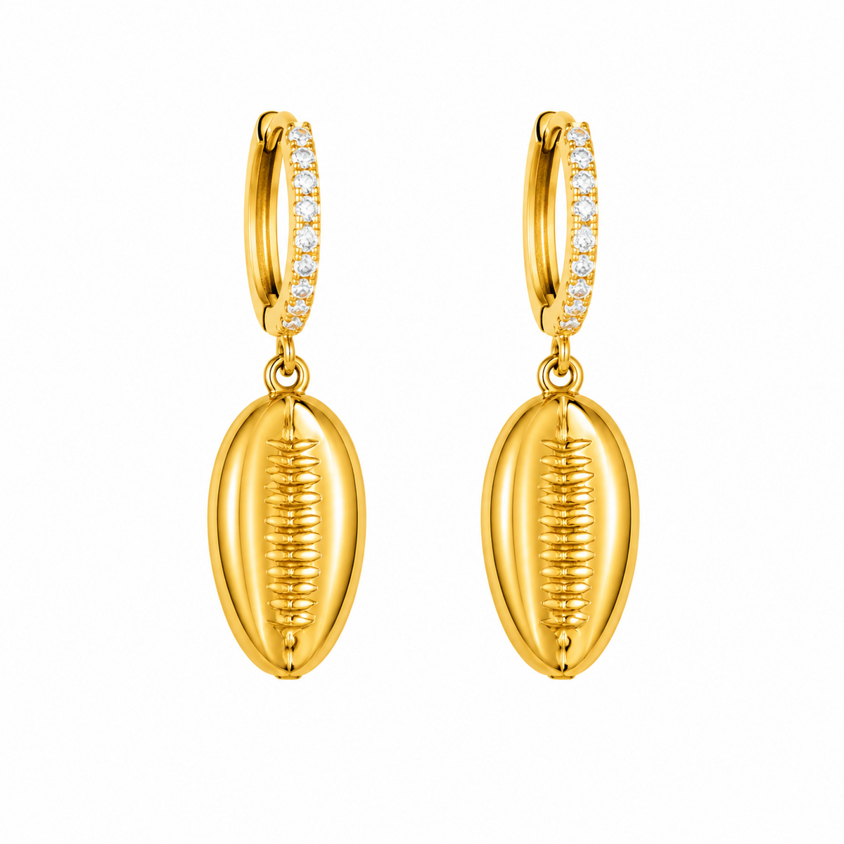 Maylohas gold CZ huggie earrings with polished cowrie shell charm