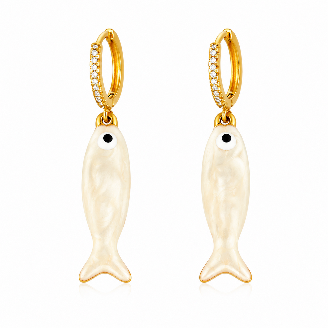 Maylohas gold CZ huggie earrings with ivory fish charm