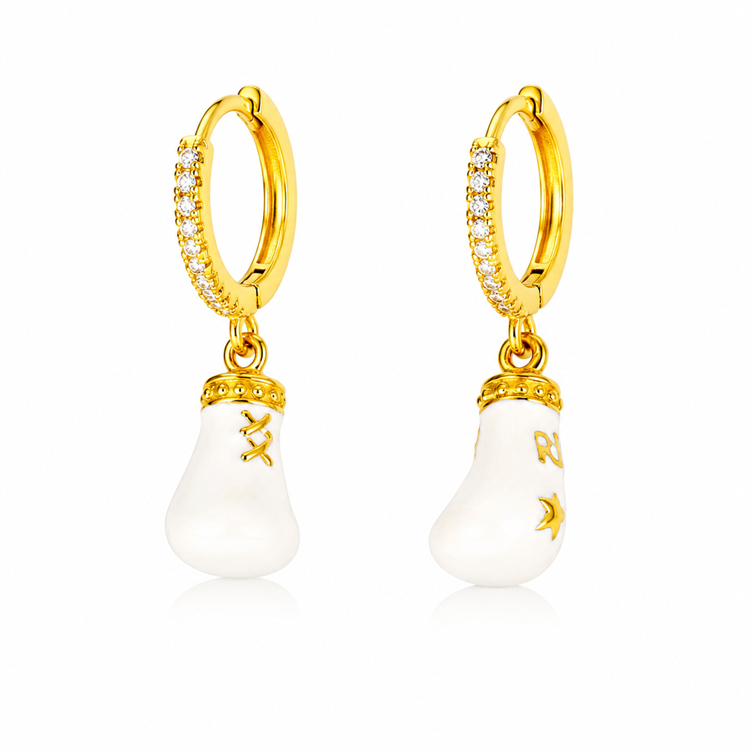 Maylohas gold CZ huggie earrings with ivory lucky symbol charm