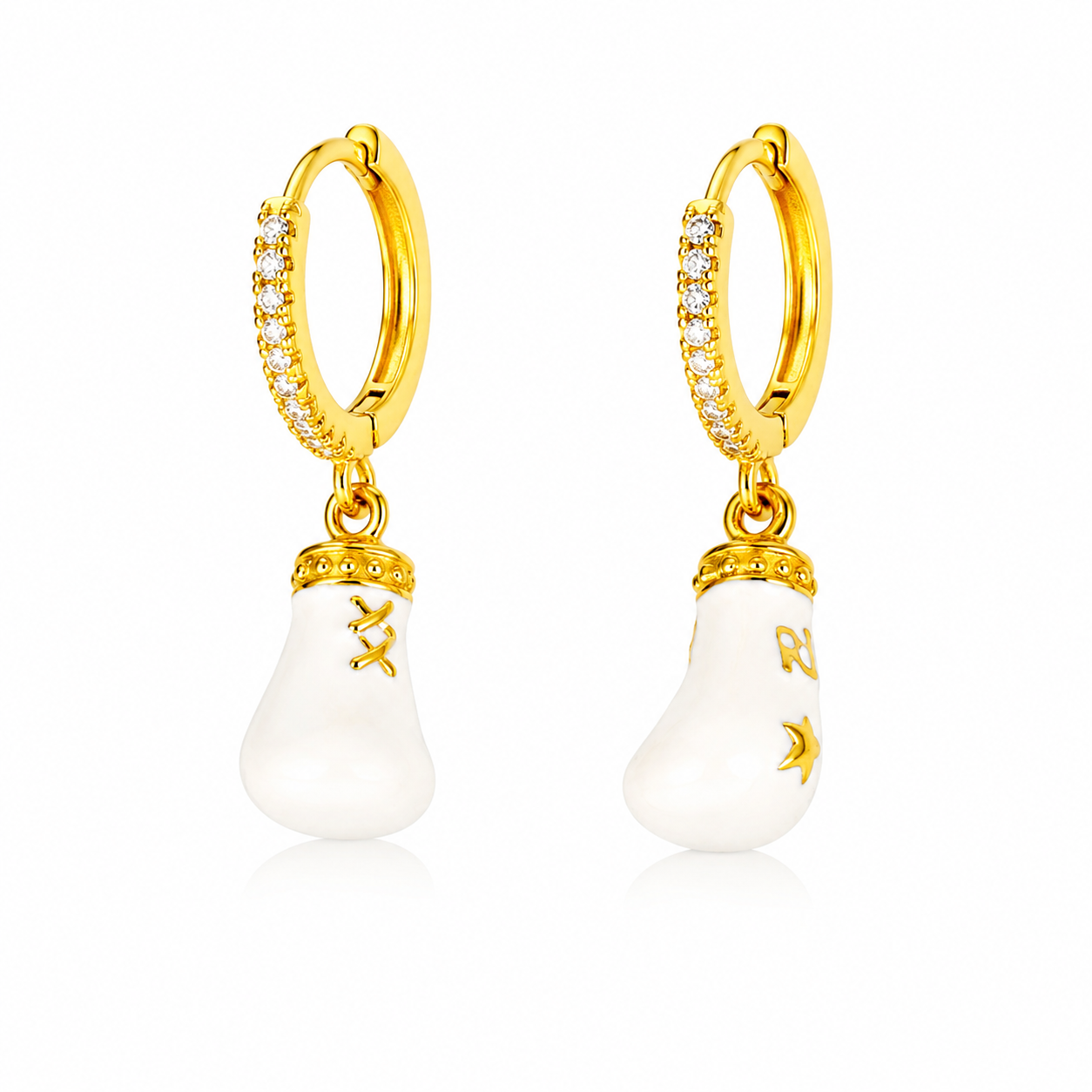 Maylohas gold CZ huggie earrings with ivory lucky symbol charm