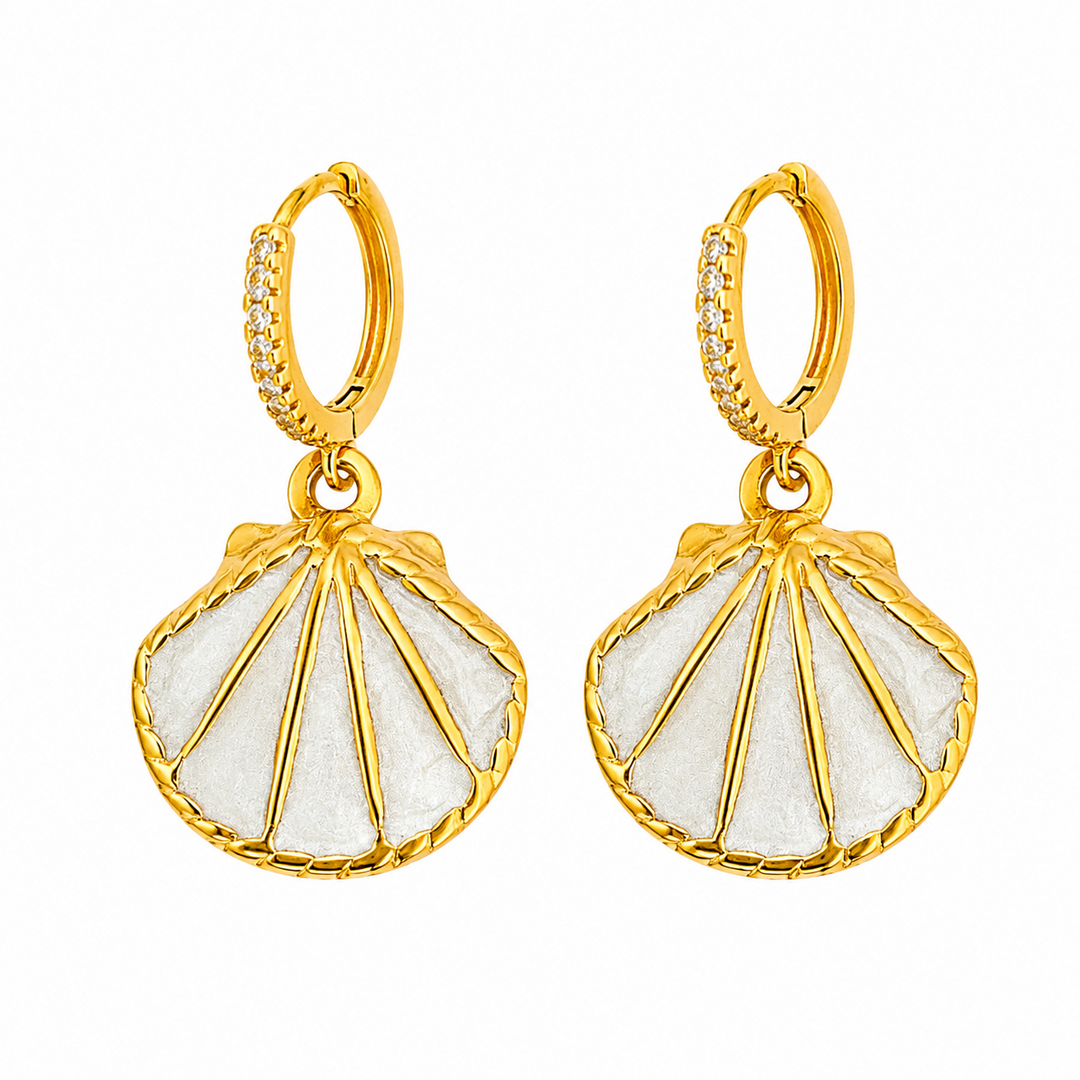 Maylohas gold CZ huggie earrings with mother-of-pearl shell charm