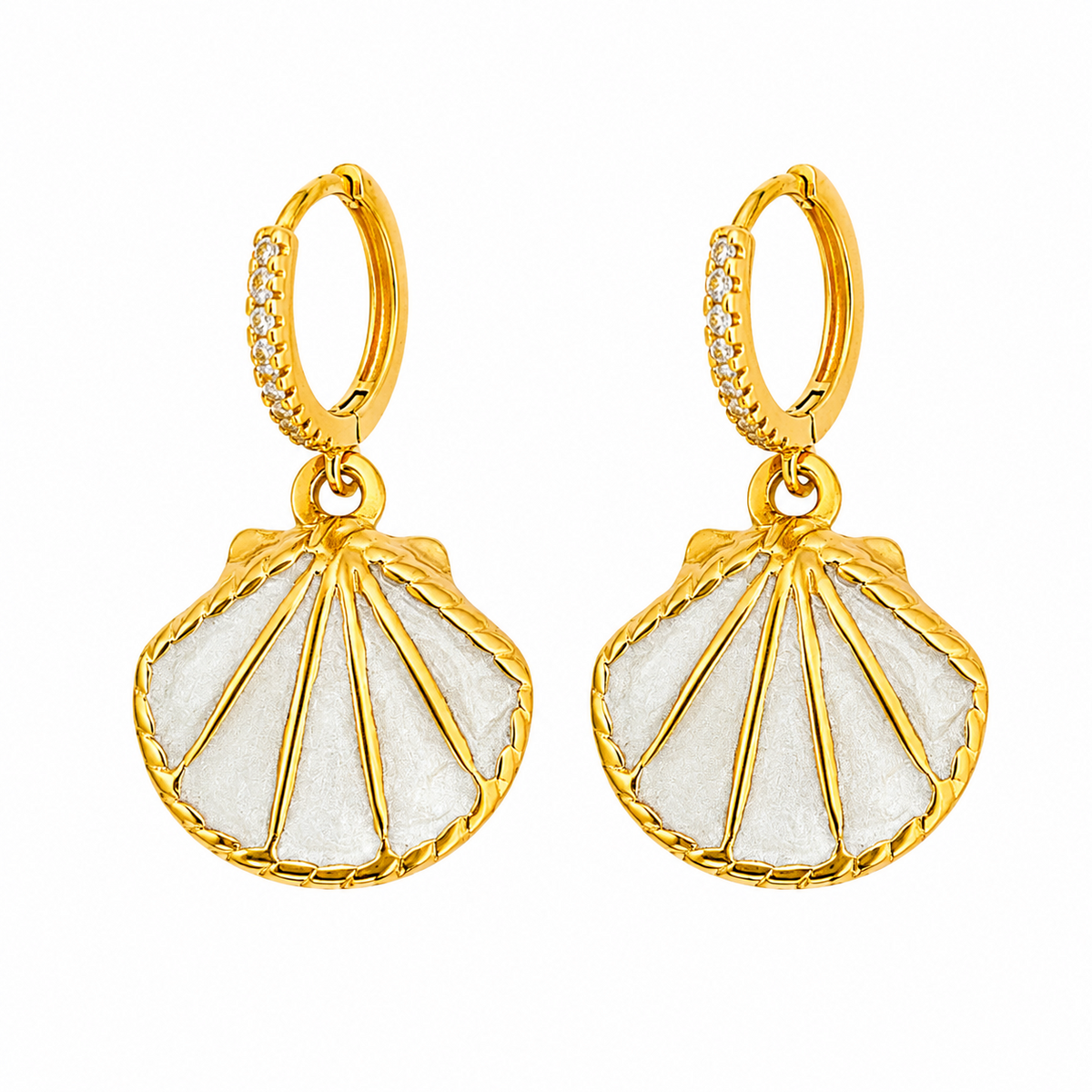 Maylohas gold CZ huggie earrings with mother-of-pearl shell charm