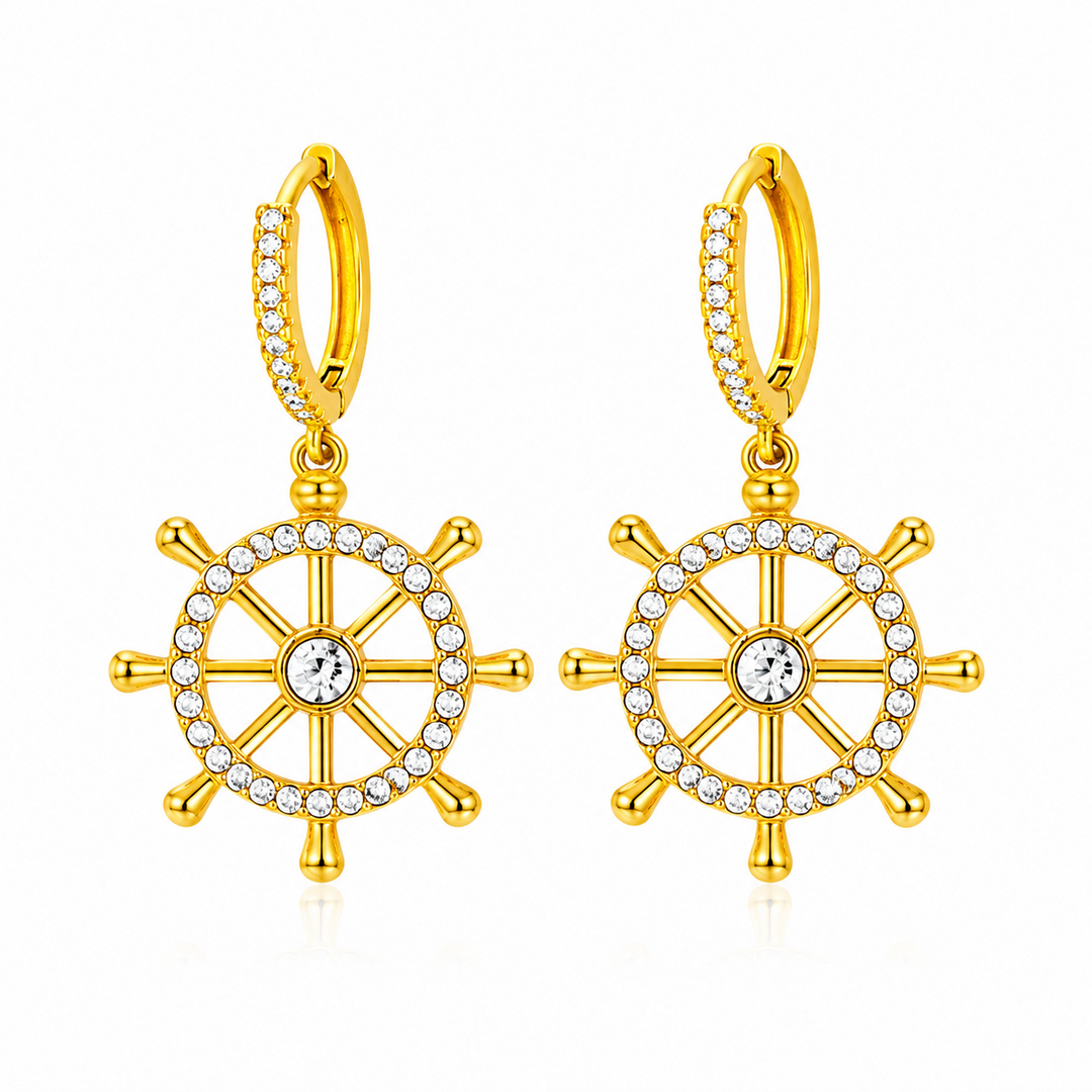 Maylohas gold CZ huggie earrings with crystal nautical wheel charm