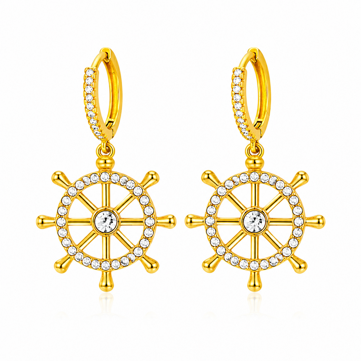Maylohas gold CZ huggie earrings with crystal nautical wheel charm
