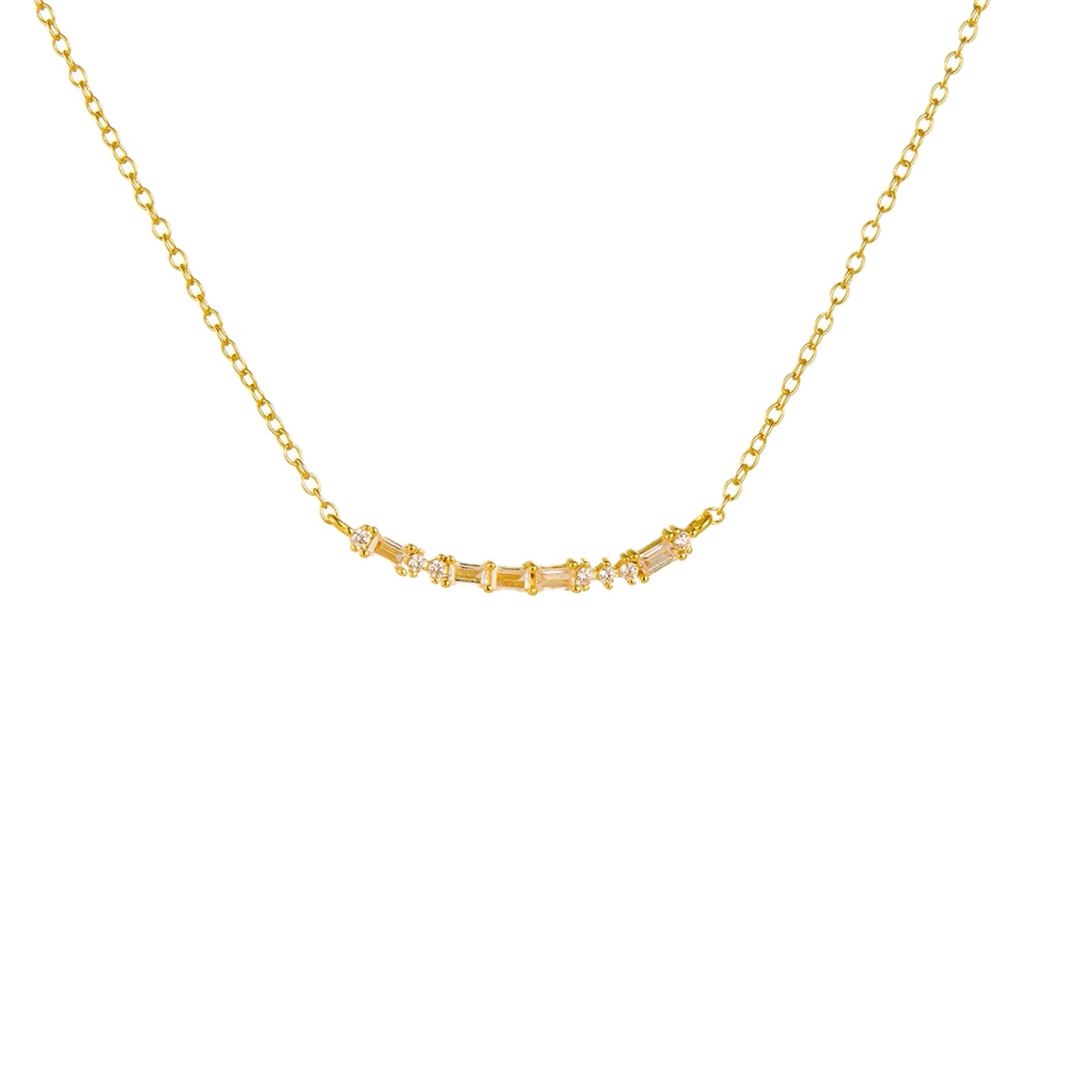 Minimalist silver curved bar necklace with pearls.